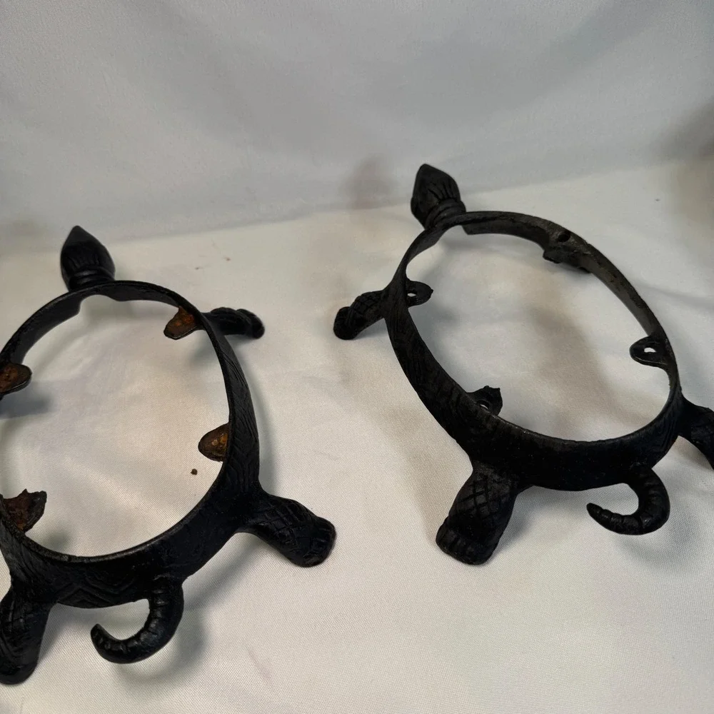 Vintage Cast Iron Turtle Cheese Grater and Wood Trivet Set Black Rustic Decor